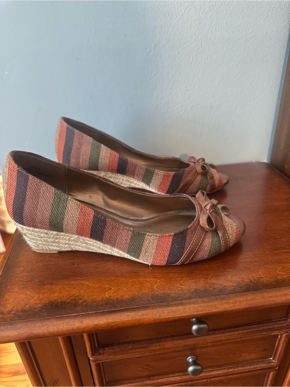 Kelly & Katie Striped Peep-Toe Wedge Sandals in Brown and Multicolor